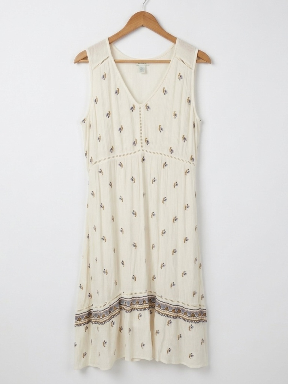 Sundance Embroidered Boho Midi Dress White Crinkle Gauze Lined Size 16